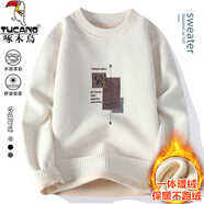 啄木鳥(niǎo)一體絨圓領(lǐng)毛衣男款秋冬季青少年加絨加厚線(xiàn)衣初中高中學(xué)生針織衫 米白26 L (建議105-120斤)