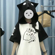路林狼二次元幽靈貓貓耳朵連帽短袖衛(wèi)衣t恤女夏季宅系日系可愛軟妹上衣 黑色 M86-105斤