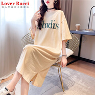 LOVER RUCCI法國純棉短袖2025年新款夏寬松懶人裙中長(cháng)款T恤裙女開(kāi)叉ins連衣裙 杏色9382 XL