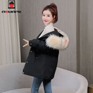 AEMAPE羽絨棉服女2024冬季新款韓版加絨短款棉襖外套百搭寬松派克服棉衣 黑色_彩色毛領(lǐng)  M _90-115斤