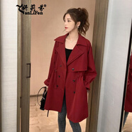 妍莉芬 風(fēng)衣女裝2024秋季新款韓版寬松小個(gè)子休閑中長(cháng)款外套小香風(fēng)上衣 酒紅色 M