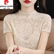 皮爾卡丹（pierre cardin）半高領(lǐng)冰絲短袖t恤打底衫女夏季新款時(shí)髦洋氣蕾絲百搭上衣顯瘦 米色 M