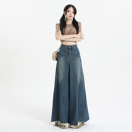 自由探戈（Liberty tango）復古闊腿毛邊拖地牛仔褲女2025秋季新款寬松高腰顯瘦垂感長褲 復古藍長褲 M
