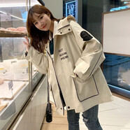 LEDE工裝短外套女春秋季女裝2021年新款韓版學(xué)生寬松休閑ins薄款連帽風(fēng)衣學(xué)院風(fēng)bf潮長(zhǎng)袖上衣服 杏色ko S   建議105斤以?xún)?nèi)