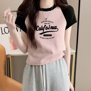 玖卡依短袖t恤女2024春夏季女裝新款插肩袖修身顯瘦體恤女短款上衣潮 粉底黑肩-Caifo XL 建議115-128斤