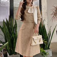 粉紅大布娃娃春秋連衣裙女2024新款休閑氣質(zhì)假兩件時(shí)尚系帶領(lǐng)女生裙子 杏色拼色 S