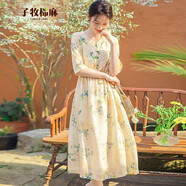 子牧棉麻夏裝 女文藝復(fù)古印花連衣裙 收腰顯瘦氣質(zhì)優(yōu)雅長裙子 1871 黃色 L(建議110-120斤)
