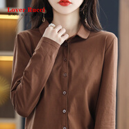 LOVER RUCCI綠色純棉Polo領(lǐng)正肩襯衫女秋開(kāi)衫打底衫長(cháng)袖上衣寬松顯瘦純色外套 焦糖色 3XL