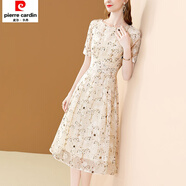 皮爾卡丹連衣裙女夏天2026年新款收腰顯瘦短袖中長(cháng)款遮肚雪紡碎花a字裙子 花色 M 建議95-105斤