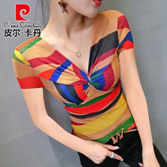 皮爾卡丹（pierre cardin）短袖上衣女歐洲站2025夏季新款時(shí)尚豹紋印花性感V領(lǐng)修身網(wǎng)紗T恤 D10-短袖【彩虹條】 XL 建議120-130斤