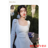 茵侈法式方領(lǐng)白色長(cháng)袖連衣裙女秋冬感生日小禮服收腰到腳踝長(cháng)裙子 白色短款 S