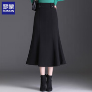 羅蒙（ROMON）氣質(zhì)魚尾裙胖m妹大尺碼毛呢裙半身裙女春秋高腰修身中長款一步包 黑色 L 建議90-105斤