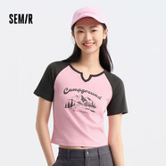 森馬短袖T恤女短款設(shè)計(jì)感印花夏季插肩袖緊身套頭衫109324100036
