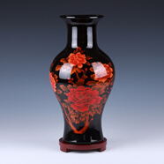 悅靈美 景德鎮陶瓷現代新中式家居紅牡丹花瓶插花擺件大號客廳電視柜裝飾品酒柜瓷器擺件 水晶釉黑色牡丹魚(yú)尾瓶+木底座