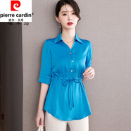 皮爾卡丹（pierre cardin）真絲襯衫女夏季新款寬松收腰顯瘦遮肚子襯衣高端桑蠶絲氣質(zhì)上衣 WYX89035湖藍色 2XL (125-140斤