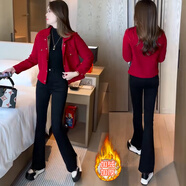 憶靈加絨加厚短款外套女2025秋冬新款洋氣顯瘦收腰百搭小個(gè)子夾克上衣 紅色加絨 M (80-100斤）