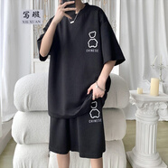 寫(xiě)璇男款短袖短褲夏天套裝男生韓版全套衣服男土一套男潮流搭配五分褲 黑色(上衣+褲子) 2XL