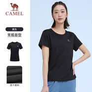 駱駝（CAMEL）運(yùn)動(dòng)T恤透氣健身衣跑步體恤寬松速干衣短袖上衣夏季 J0S1V6926A，黑色，女 M