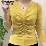 啄木鳥(niǎo)長(cháng)袖網(wǎng)紗打底衫女新款2025年春秋寬松遮肚子上衣V領(lǐng)鑲鉆t恤女洋氣 黃色 XL 90-110斤