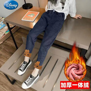 迪士尼童裝女童加絨加厚牛仔褲秋冬季女孩洋氣彈力棉褲中大兒童寬松褲子 卡其兔子-加絨加厚(一體絨) 150
