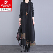 皮爾卡丹（pierre cardin）春季連衣裙年春秋新款復古女裝過(guò)膝長(cháng)袖文藝寬松長(cháng)裙子打底裙 黑色 3XL