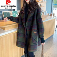 皮爾卡丹（pierre cardin）美拉德雙面毛呢女大衣女2025秋冬新款通勤中長(cháng)款遮肉顯瘦毛呢外套 墨綠格子【加棉】 加厚 XL 建議150-180斤