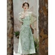 妍莉芬（yanlifen）2025年夏季碎花淺藍(lán)色方領(lǐng)吊帶連衣裙女裝海邊度假沙灘裙子套裝女 淡綠色吊帶裙 M