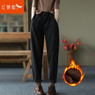 紅蜻蜓【新品】休閑褲女春季新款褲子松緊腰哈倫褲女裝蘿卜長(cháng)褲 黑色加絨 L 【建議119-128斤】