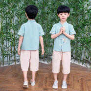 三象鯊SXS兒童漢服套裝夏季中國(guó)風(fēng)唐裝男孩民族服裝中式改良古裝 8639 淺藍(lán)色 150cm