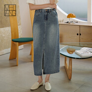 美洋（MEIYANG）深海珊瑚牛仔半裙 高腰長(cháng)款前開(kāi)叉直筒半身裙高腰顯瘦牛仔裙 復古色(短版) XS