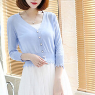 KAROND新品裙子外搭披肩防真絲短款2021潮韓版針織開(kāi)衫外套女短款薄款外搭小披肩外套百搭空調防曬 602花邊款天藍色 M : 建議40-45Kg 穿