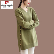 皮爾卡丹（pierre cardin）羊毛衫女中長款韓版寬松顯瘦V領(lǐng)針織毛衣加9肥加碼大羊毛打底衫 草地綠 4XL 建議155-170斤