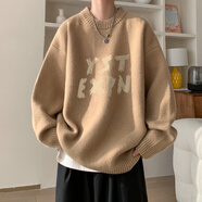 OEMG 圓領(lǐng)毛衣男女秋冬季加厚美式潮牌字母線衣寬松慵懶風(fēng)套頭針織衫 卡其色 L [建議110-125斤]