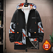 阿雷沃潮牌中長(cháng)款風(fēng)衣外套男春秋冬季大碼加絨連帽外套男學(xué)生涂鴉外套男 N53黑色加絨(秋冬款) 2XL(173-180cm 140-160斤)