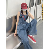 風(fēng)采兔 日系牛仔背帶褲女2023新款小個子夏季薄款直筒寬松牛仔褲子ins潮 復(fù)古藍 S