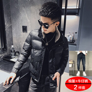 杰遜斯加厚保暖皮棉衣男冬季潮流羊羔毛領(lǐng)修身棉服皮衣外套男士痞帥棉襖 A368-PM9816黑色（棉服+褲子） 2XL （145-160斤）