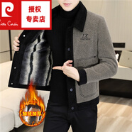 皮爾卡丹（pierre cardin）冬季加絨金貂絨夾克男翻領(lǐng)拼色潮流加厚毛呢大上衣冬裝休閑外套 卡其色 L
