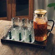 華行 家用杯具茶杯涼水壺杯子透明玻璃壺水杯套裝復古冷水壺 復古把杯6只+復古水壺+桐木綠色托盤(pán)