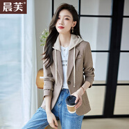 晨芙休閑假兩件連帽西裝外套女小個(gè)子韓版時(shí)尚氣質(zhì)寬松百搭小西服上衣 6607咖格西裝 XL 建議110-120斤