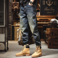 后琤牛仔褲男寬松春秋季休閑哈倫褲男士直筒褲男生復古大碼潮牌長(cháng)褲子 藍色6802 42（220-240斤）
