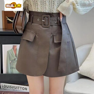 初徑重工設計感PU皮裙修身半身裙高腰包臀顯瘦2025工裝A字短裙 咖色 有內襯帶腰帶 M 建議95-105