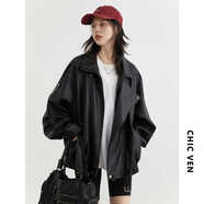 CHIC VEN2025秋季新款重工復(fù)古立領(lǐng)機(jī)車皮衣外套女PU夾克上衣女裝chicven 經(jīng)典黑-夾棉款 M