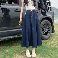 素織錦牛仔裙半身裙女秋季2025新款女裝a字裙復古春夏裙子休閑長裙 牛仔半身長裙【深藍色】 L 【建議110-125斤】