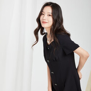 金苑黑色短袖連衣裙女2022夏季新款v領(lǐng)簡約紐扣時尚氣質(zhì)G222115 黑色 S