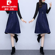 皮爾卡丹（pierre cardin）小香風(fēng)毛呢亮片背心裙秋冬內搭針織打底連衣裙套裝裙外穿背帶裙女 黑色 針織衫+深藍背心裙 M 建議90-100斤
