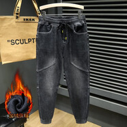 唐號加絨加厚哈倫牛仔褲子冬季新款寬松束腳大碼工裝褲子男士保暖外穿 黑色 M