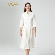 VOA斜紋提花絲滑彈力緞面桑蠶絲立領(lǐng)七分袖收腰簡(jiǎn)約絲綢連衣裙 AT131 白紋緞（W98） M