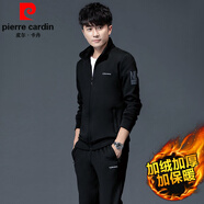 皮爾卡丹（pierre cardin）新款男士休閑運動(dòng)套裝男春秋季衛衣跑步運動(dòng)服秋冬運動(dòng)套裝三件套 黑色加絨【外套+褲子】 M