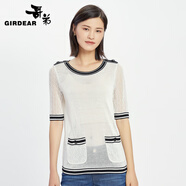 哥弟（GIRDEAR）女裝鏤空圓領(lǐng)口袋短袖針織衫女1399370 白 S(2碼)