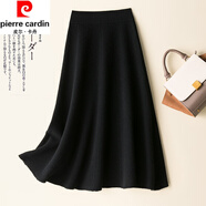 皮爾卡丹（pierre cardin）半身裙女秋冬新款中長(zhǎng)款高腰顯高顯瘦a字裙韓版加厚保暖針織傘裙 黑色 XL